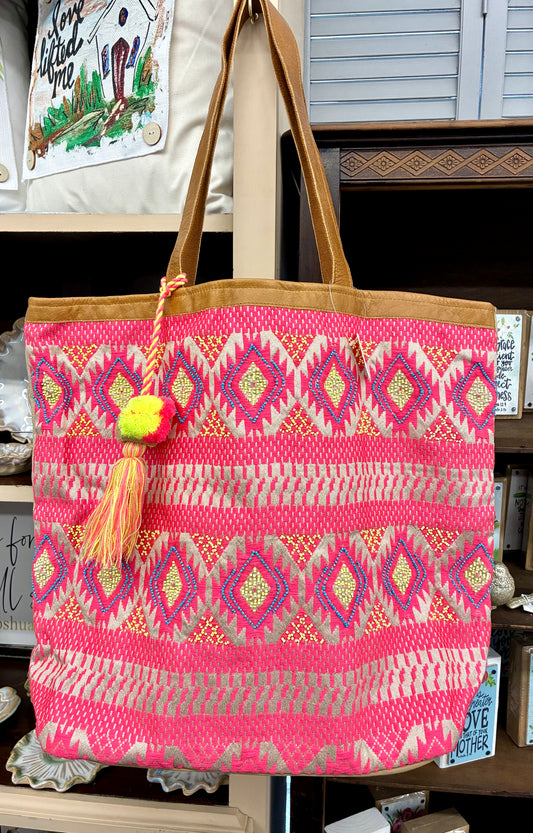Pink Geometric Tote with PomPom Tassel by Fabulous MJ New York