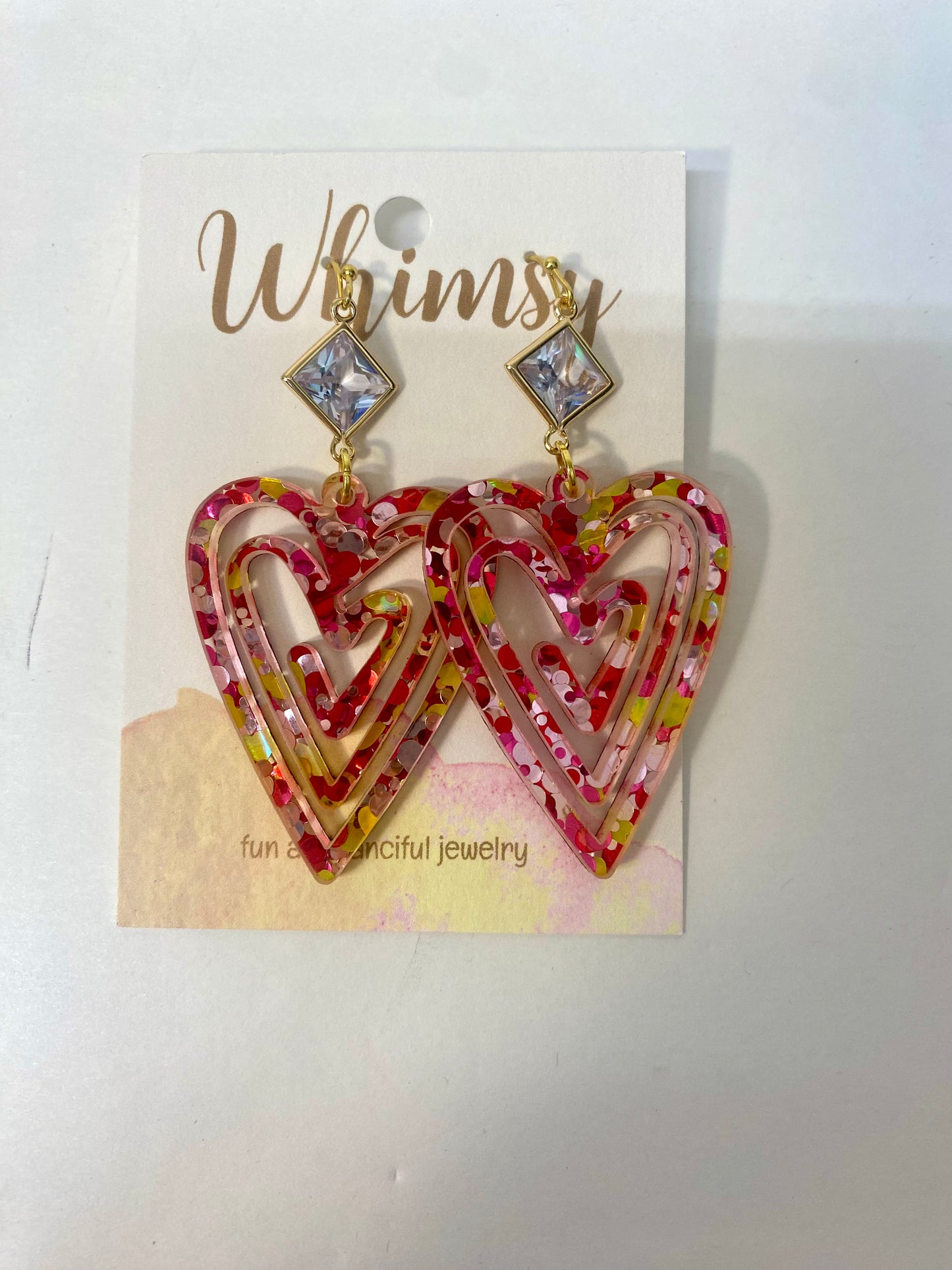 Valentine Heart Glitter Earrings w/ Clear Stone  Whimsy Jewels