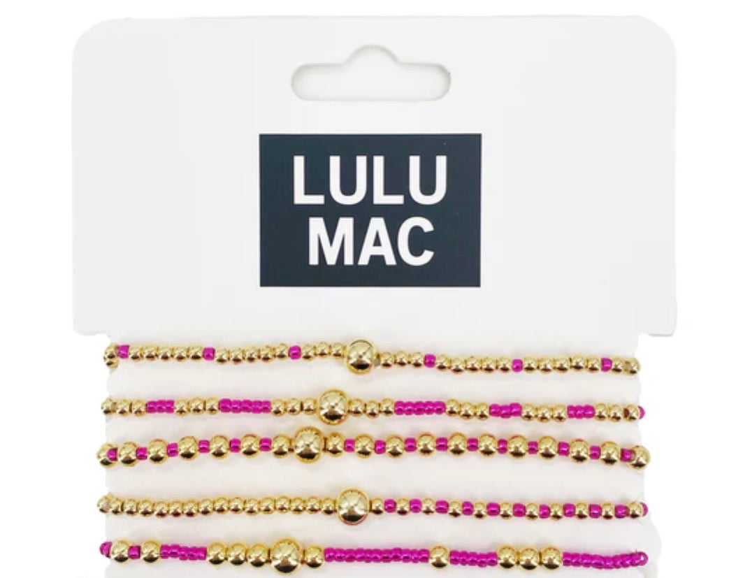 LULU MAC Hot Pink & Gold Beaded Bracelet -5-Strand