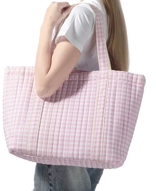 Pink Plaid Quilted Tote Bag with Shoulder Straps
