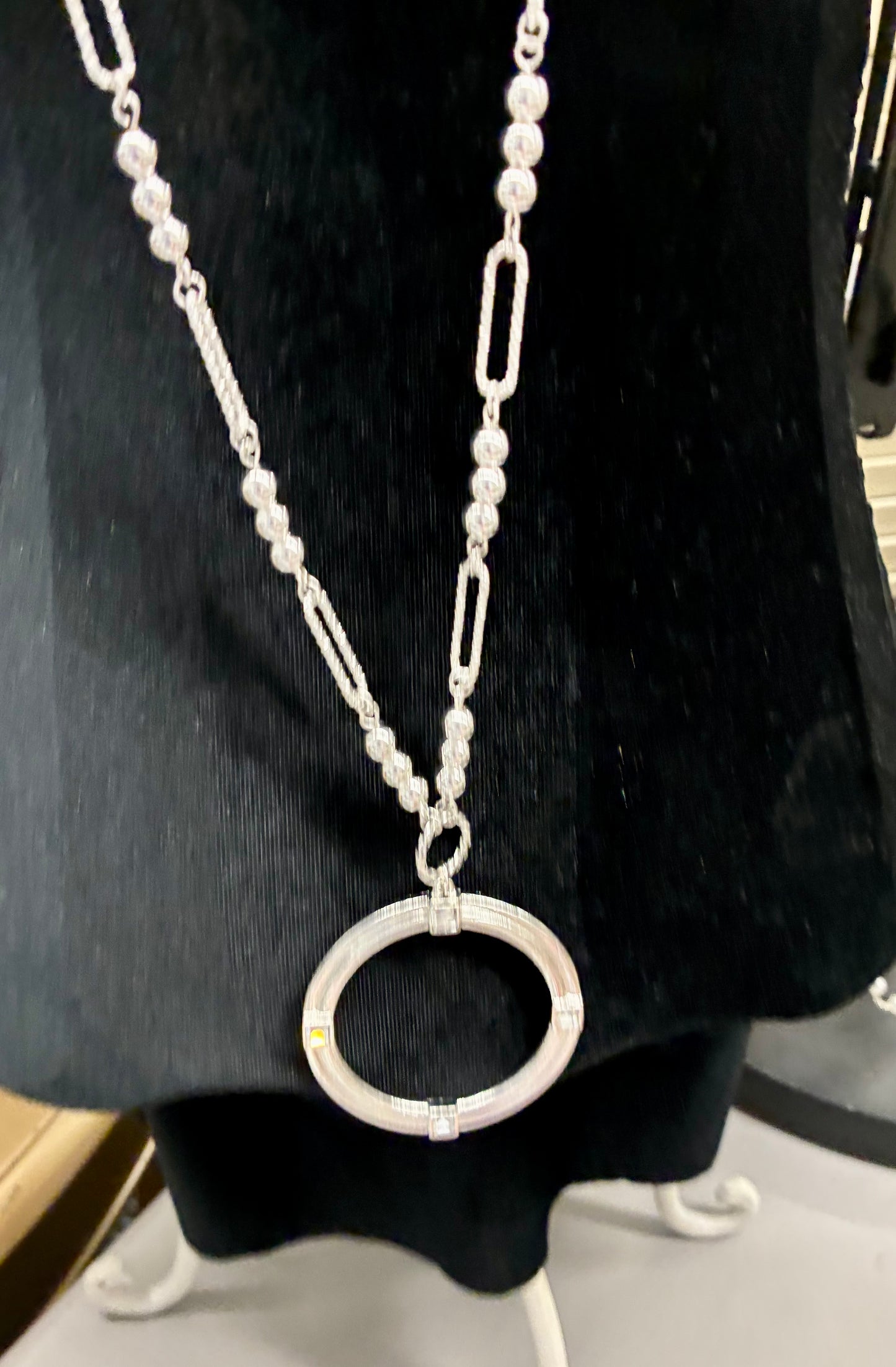 Long Silver Beaded Chain Necklace with Round Silver Pendant