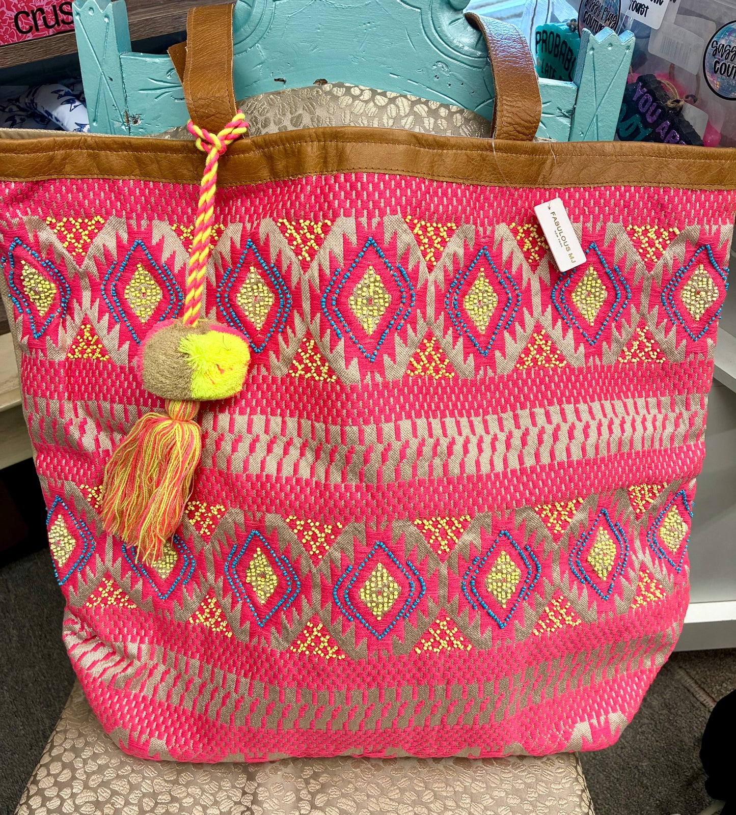 Pink Geometric Tote with PomPom Tassel by Fabulous MJ New York