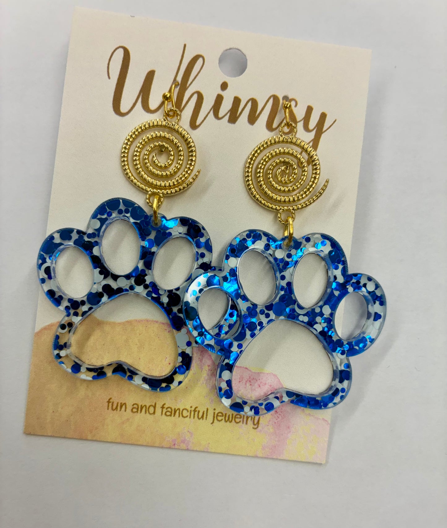 Blue & White Iridescent Paw Earrings with Gold Accents