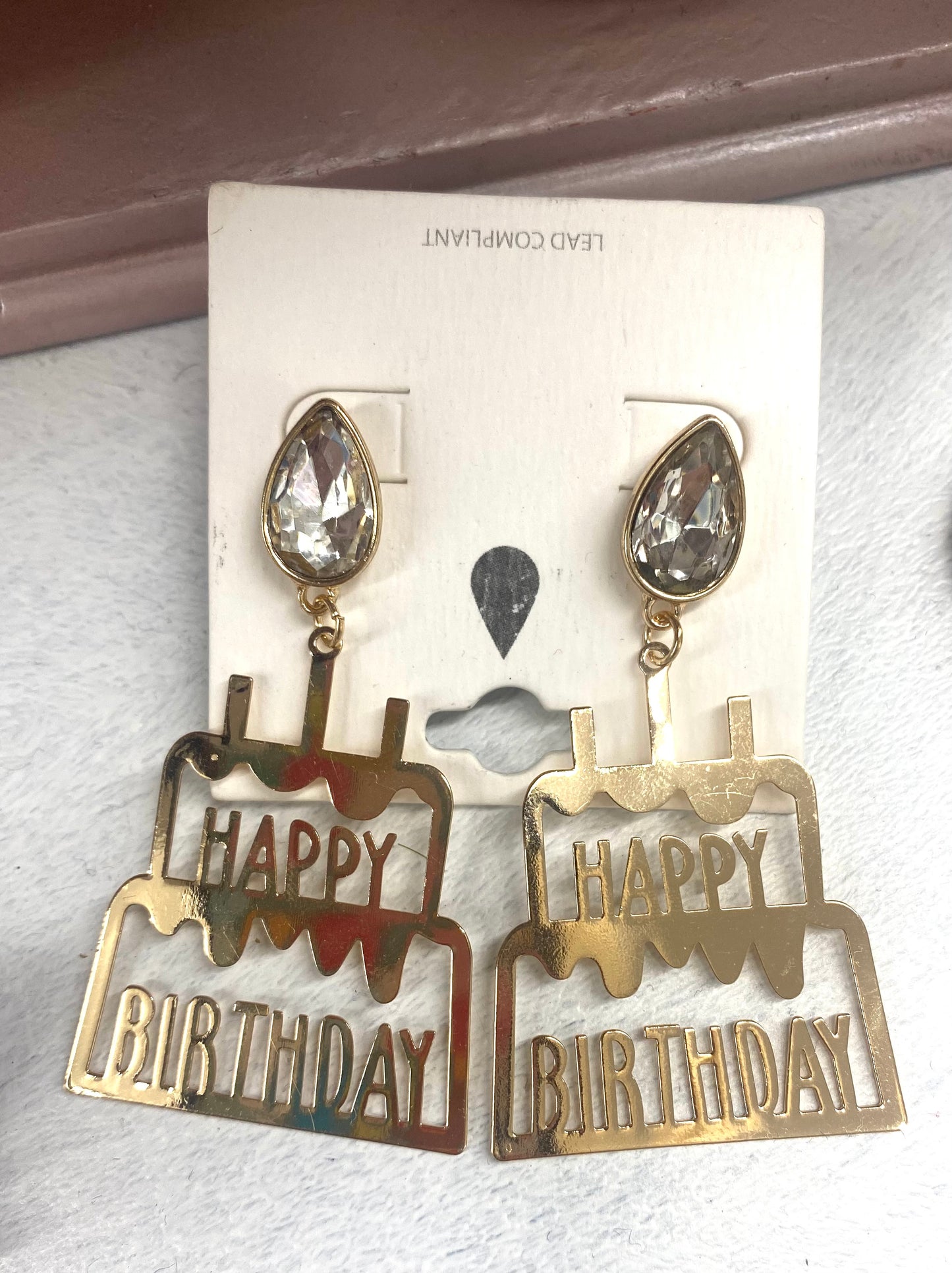 Gold Happy Birthday Cake Earrings with Clear Rhinestone