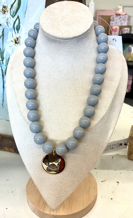 Gray Beaded Necklace with Gold Paw Pendant