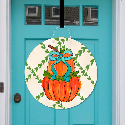 Greenery Stacked Pumpkin with Bow Door Hanger / Store Pickup Only