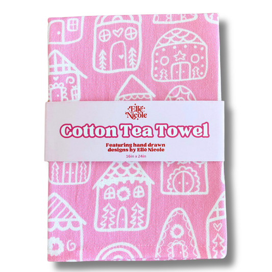Cotton Tea Towel - Pink Gingerbread Houses