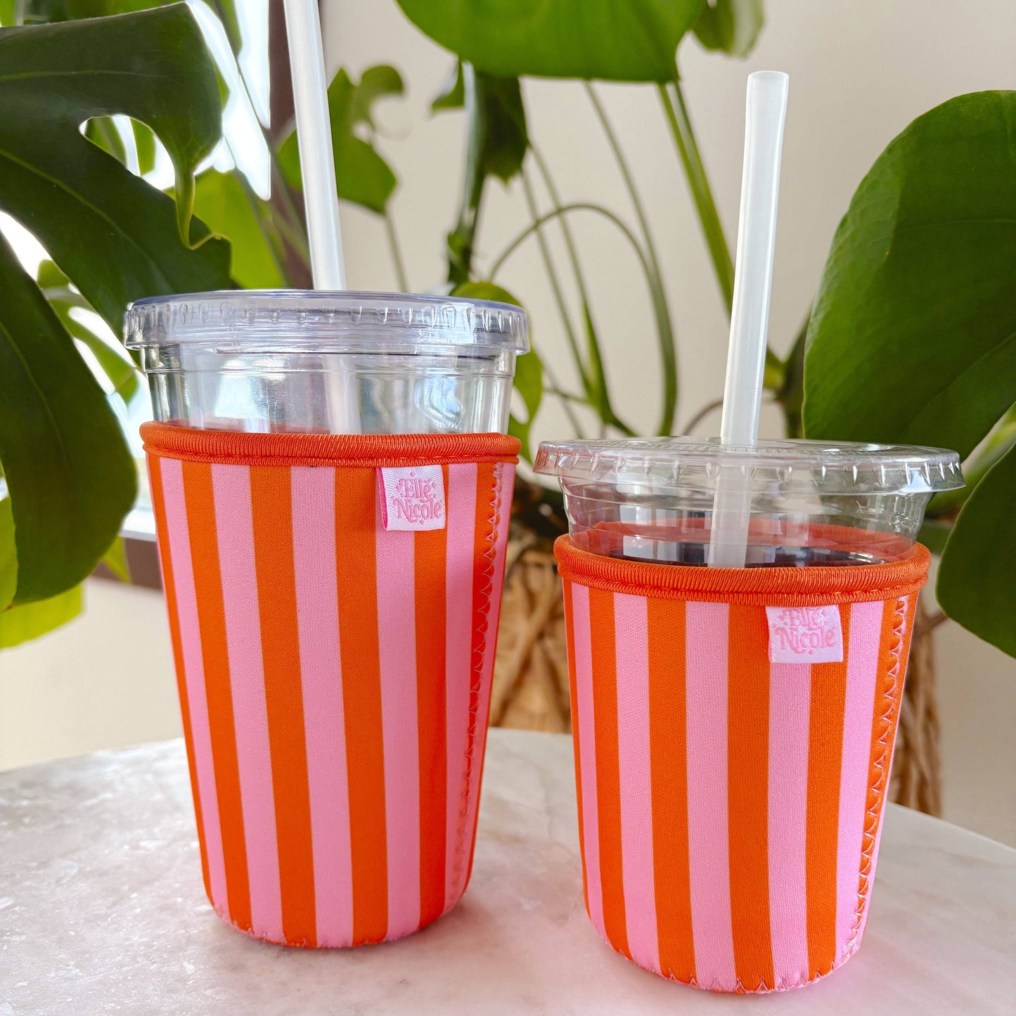 Coffee Cup Cover - Pink & Orange Stripes - Iced Drink Sleeve: Large / 24oz