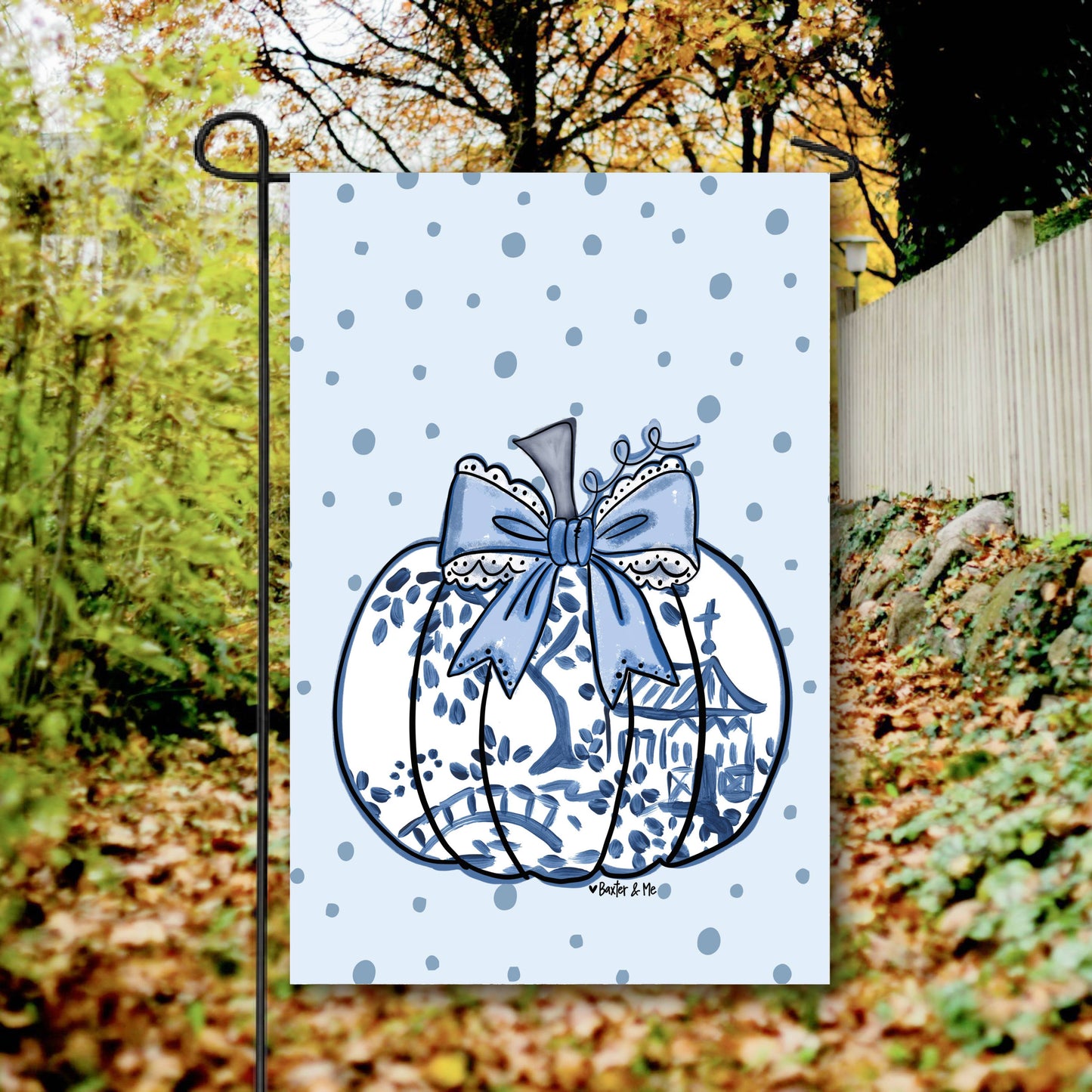 Blue Willow Lace Bow Pumpkin Garden Flag