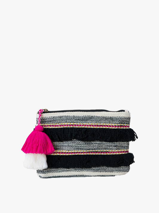 Jen & Co.  Adalaide Printed Cotton Pouch: Stripe-Black/Pink