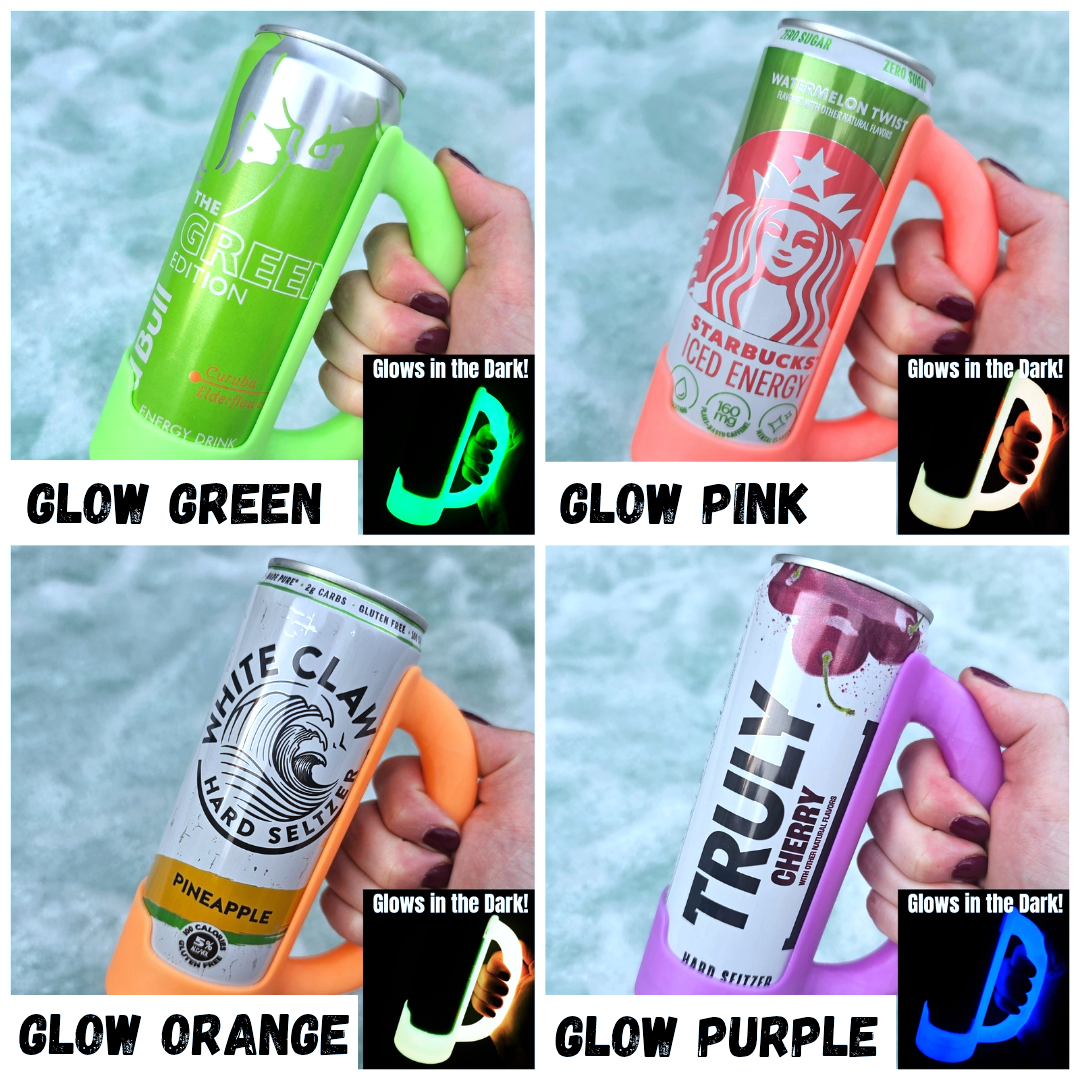 12 oz Slim Can Holder Handle Redbull, Alani Nu, White Claw: Pink- Glows Orange