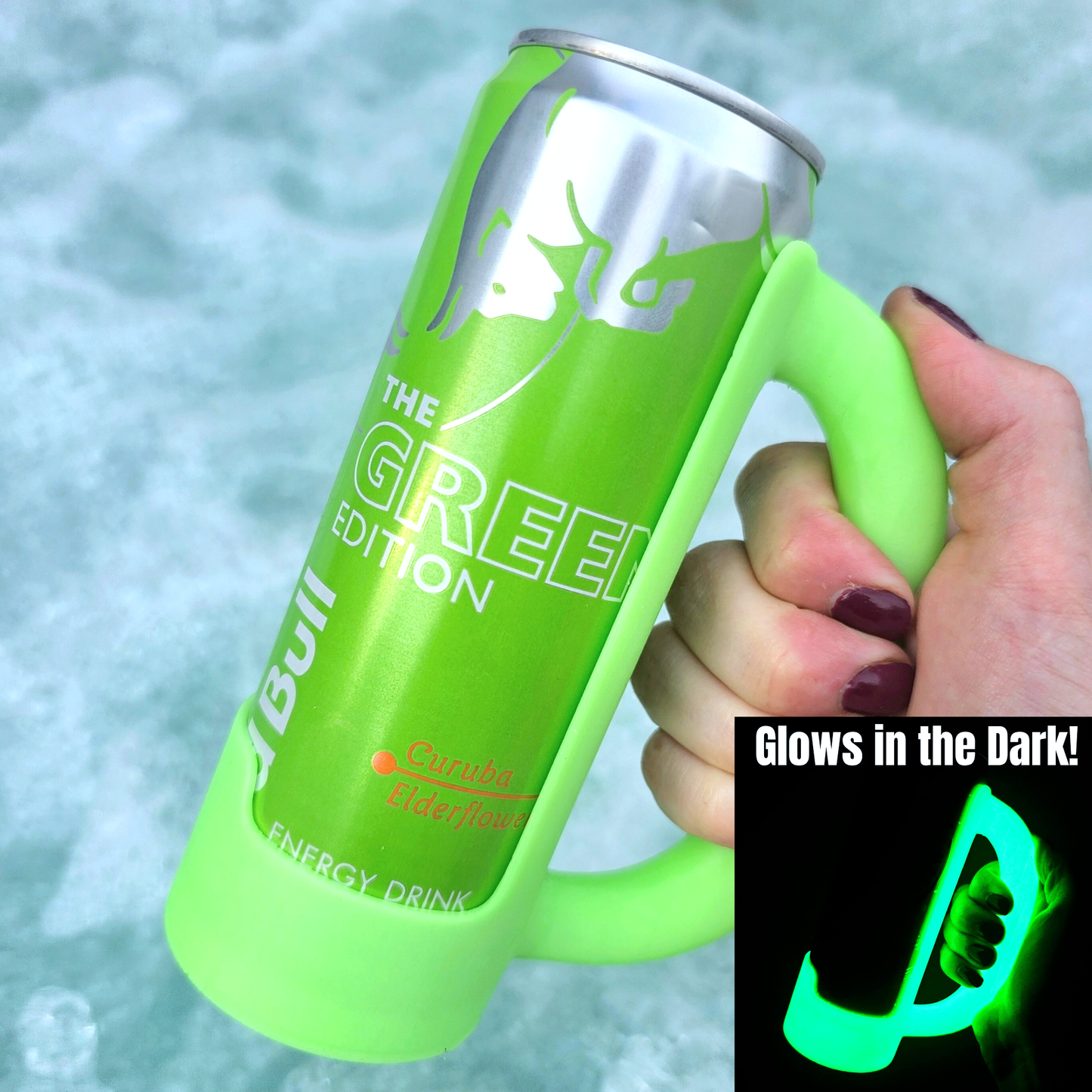 12 oz Slim Can Holder Handle Redbull, Alani Nu, White Claw: Green- Glows Green