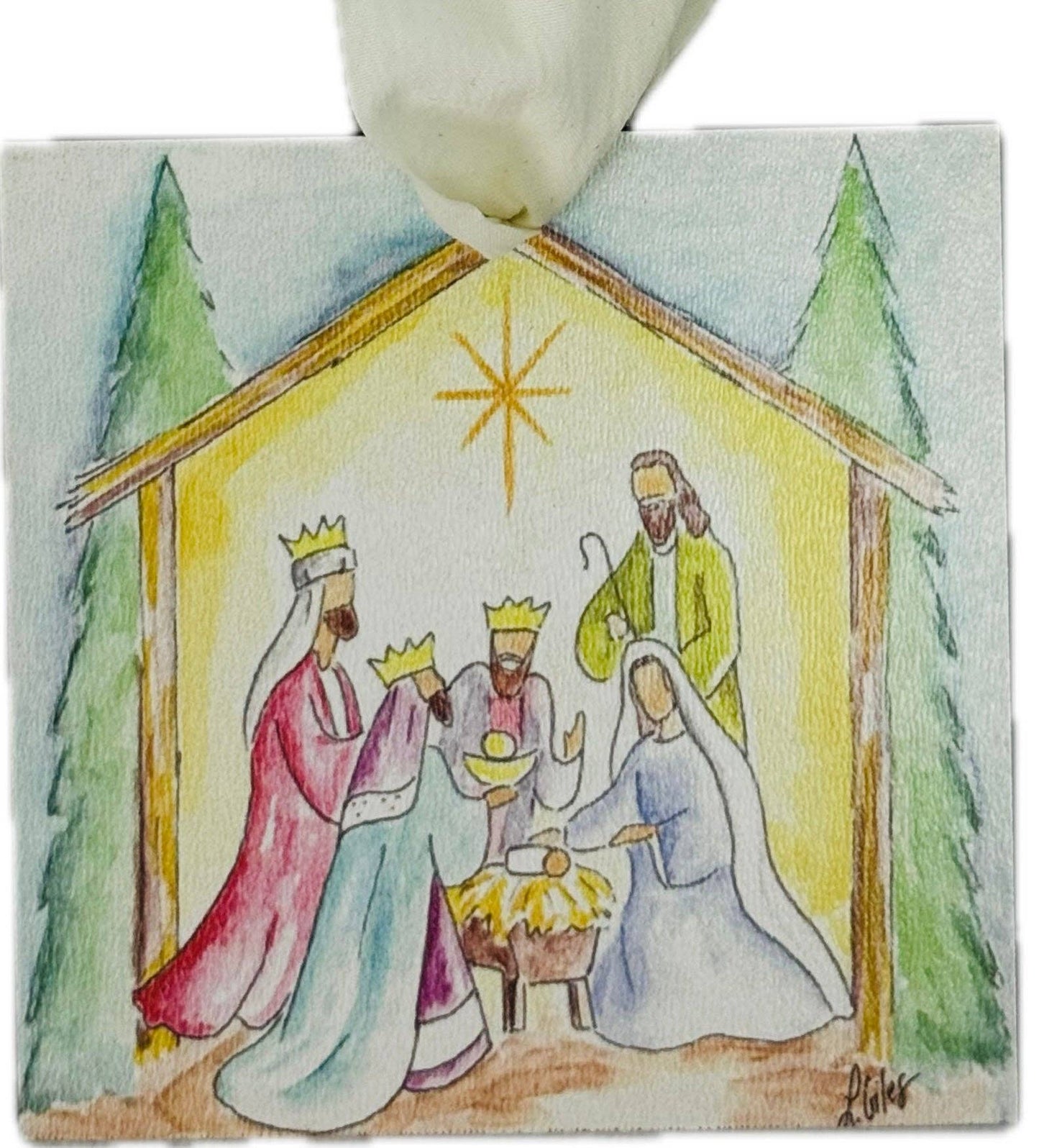 LAURA'S SQUARE NATIVITY ORNAMENT: 4"x4"