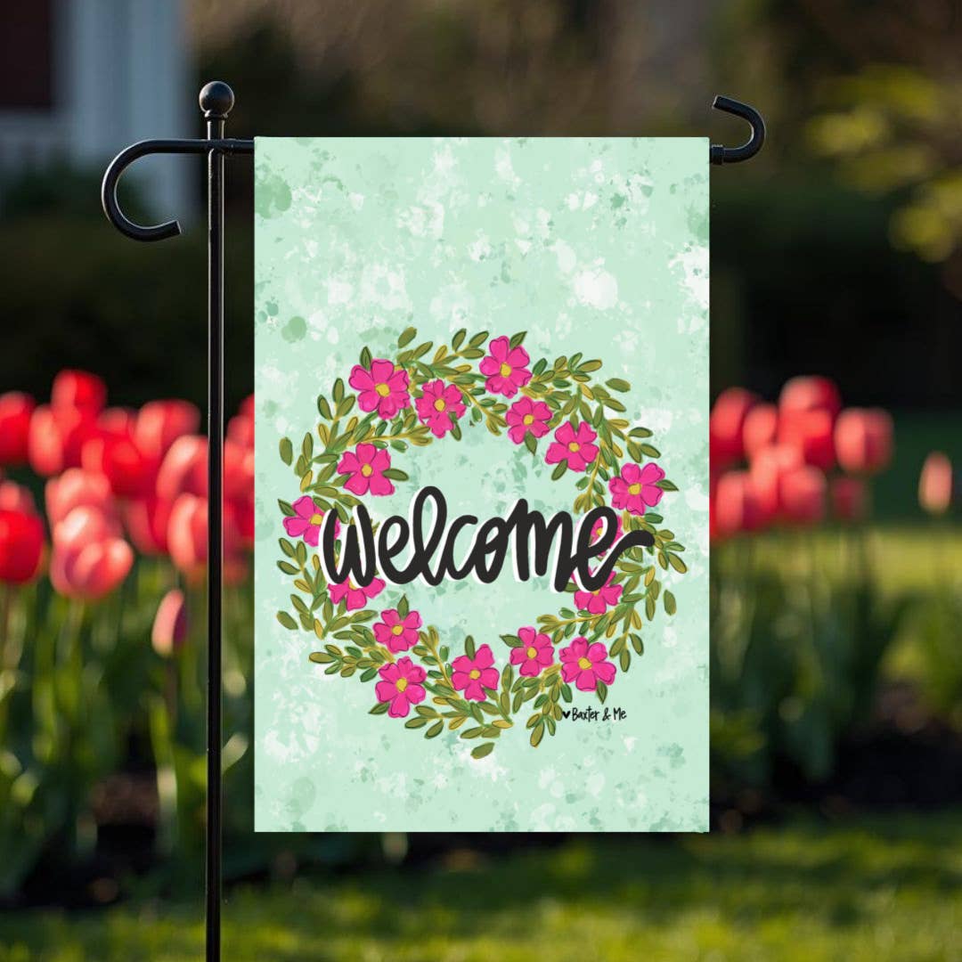 Pink Petal Welcome Garden Flags - Baxter & Me
