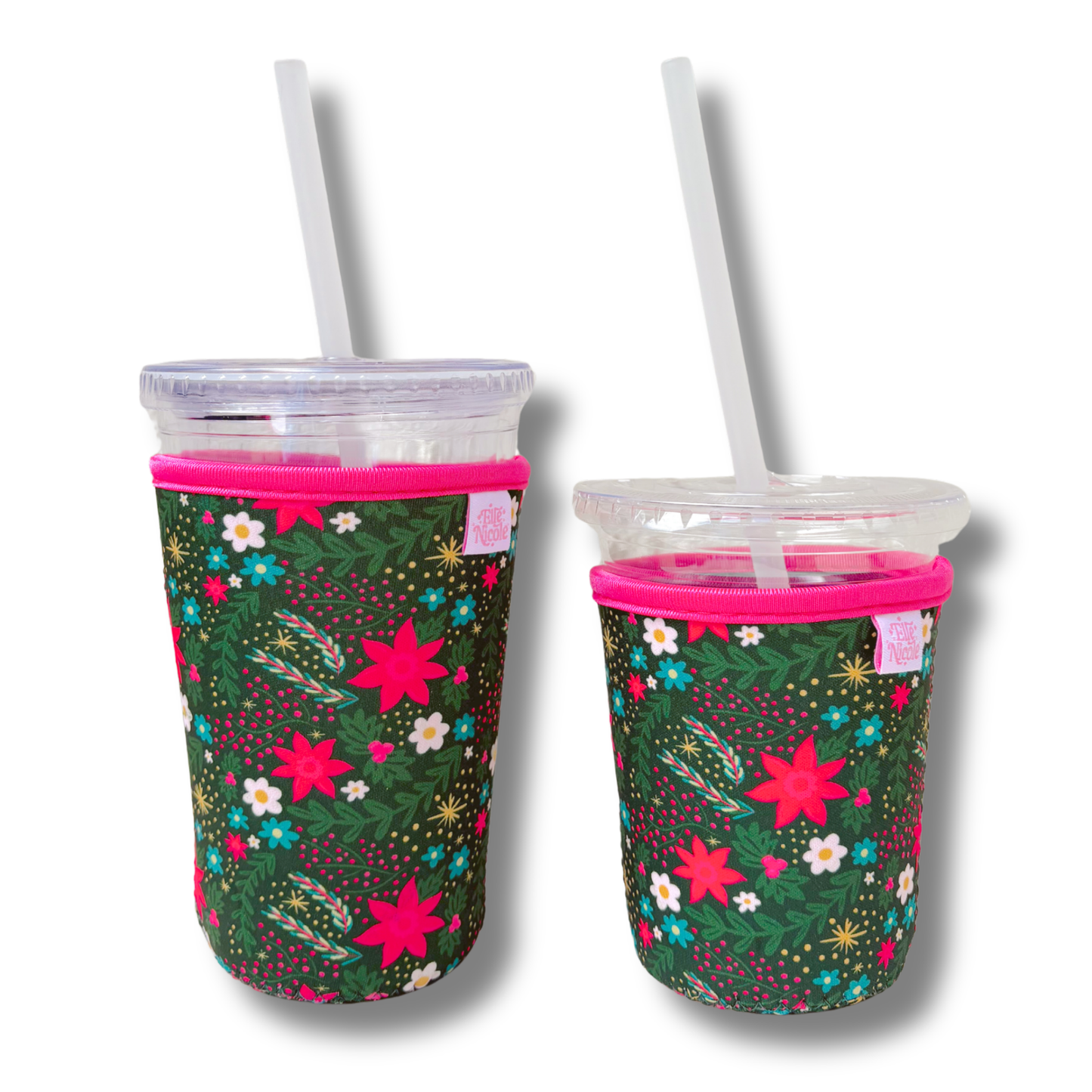 Coffee Cup Cover - Holiday Poinsettia Print- Iced Drink Sleeve Large / 24oz