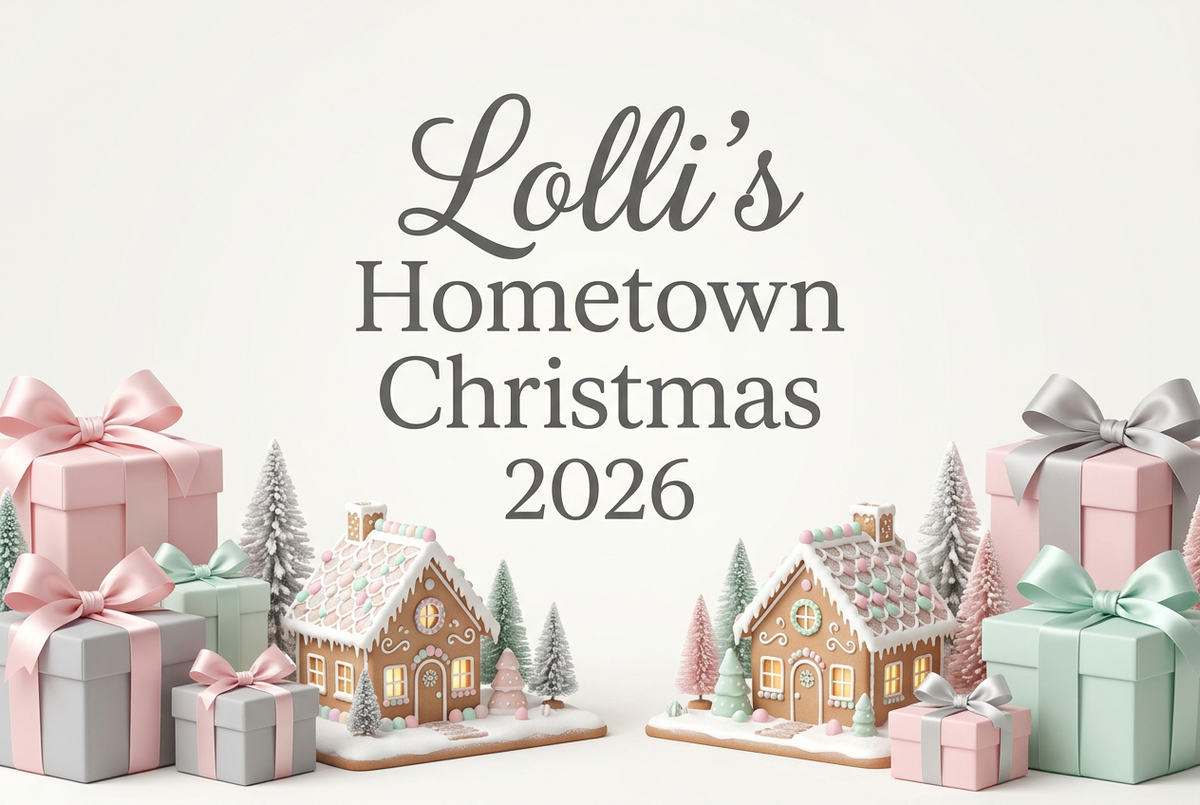 Lolli’s Hometown Christmas 2026 with pastel pink, gray, and mint-green gifts and gingerbread houses